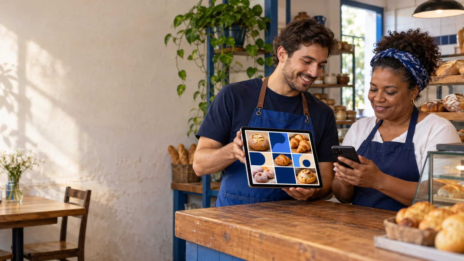 Dona de padaria e funcionário conferem no celular e no tablet um feed de posts com cores e fotos padronizadas