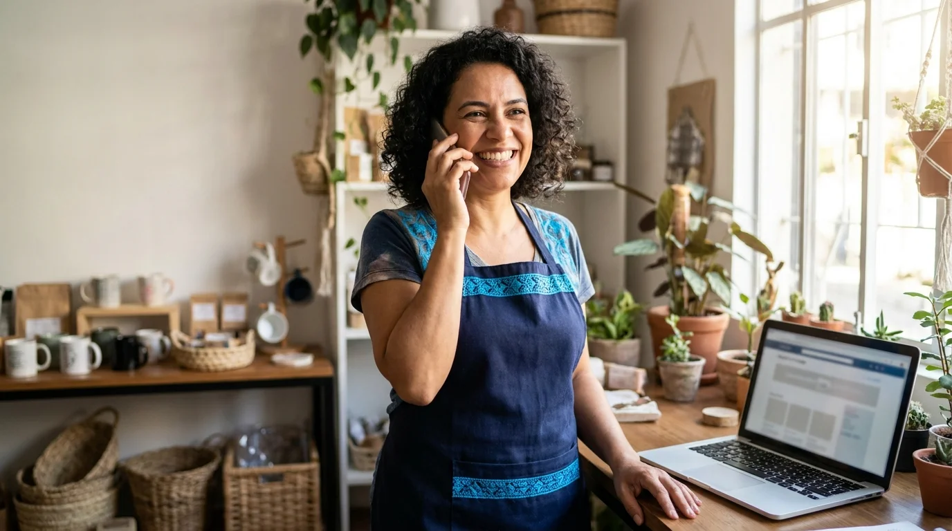 Dona de loja sorri enquanto responde um cliente pelo celular no balcão, com notebook aberto mostrando um site ao lado