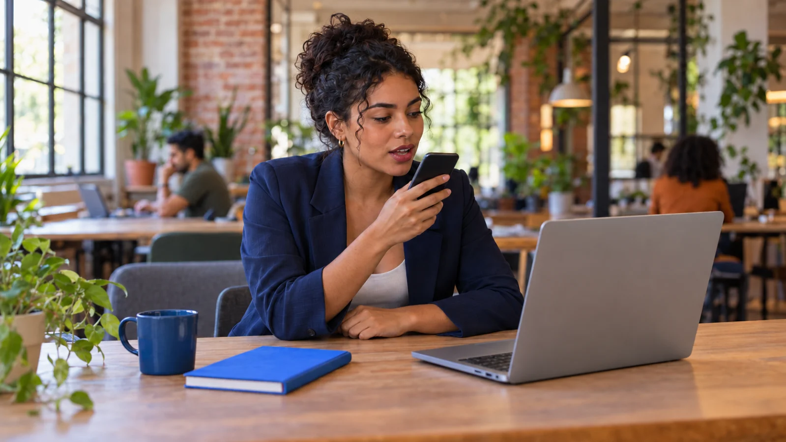 Jovem dona de de negócios consulta resultados de busca no notebook em uma mesa enquanto alguém existem pessoas no fundo
