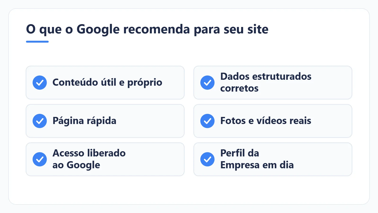 Checklist com seis pontos que o Google recomenda para sites na busca com IA, de conteúdo próprio a Perfil da Empresa atualizado