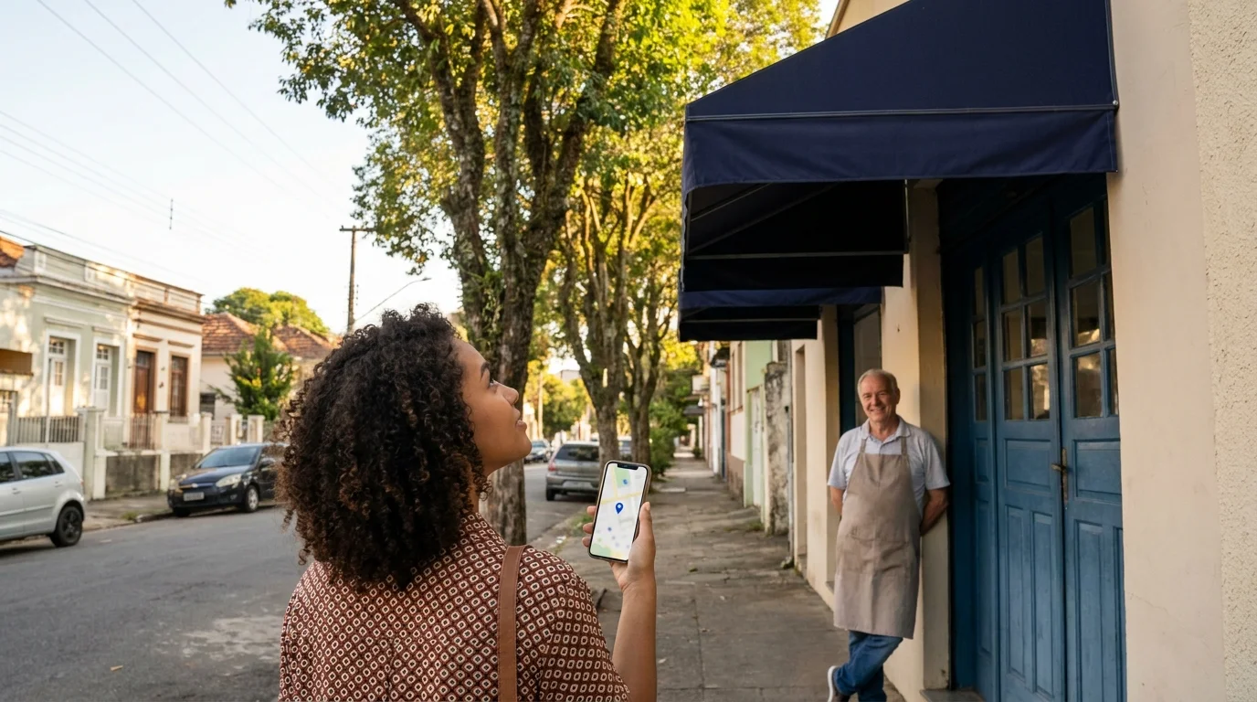 Cliente com celular mostrando um mapa chega à porta de um restaurante de bairro, onde o dono a recebe sorrindo
