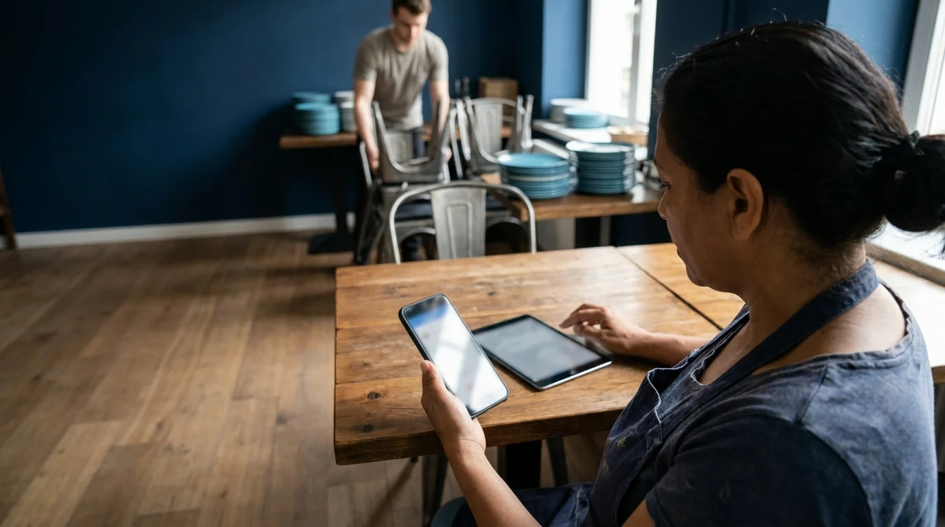 Dona de restaurante de avental azul compara as telas do celular e do tablet numa mesa, com um funcionário ao fundo