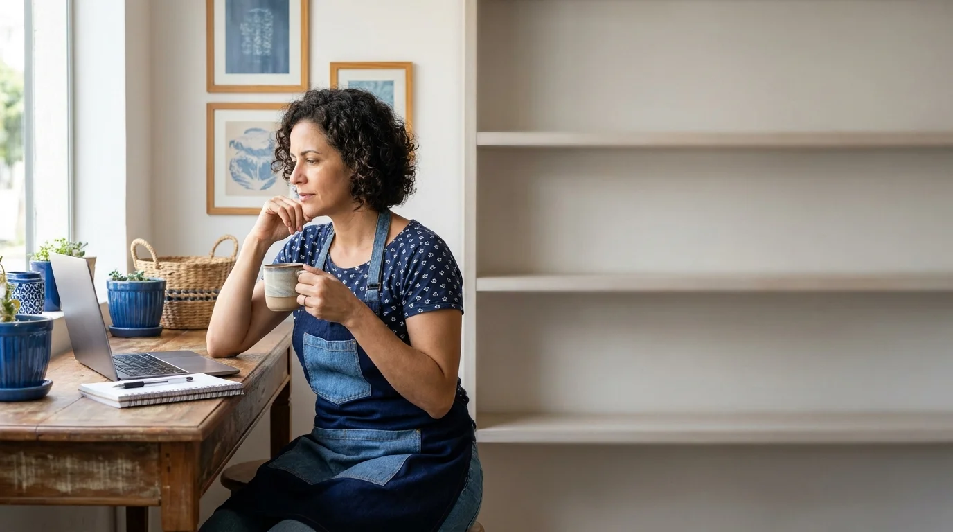 Dona de padaria sentada à mesa da loja, olhando o notebook com uma xícara de café, pensando no nome do site