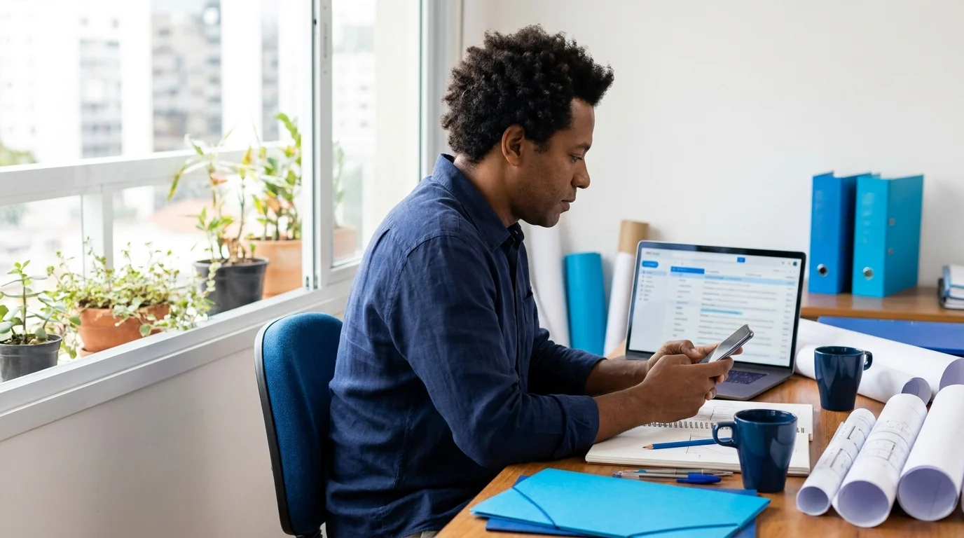 Profissional configura o e-mail no celular enquanto confere a caixa de entrada no notebook, em um escritório de arquitetura