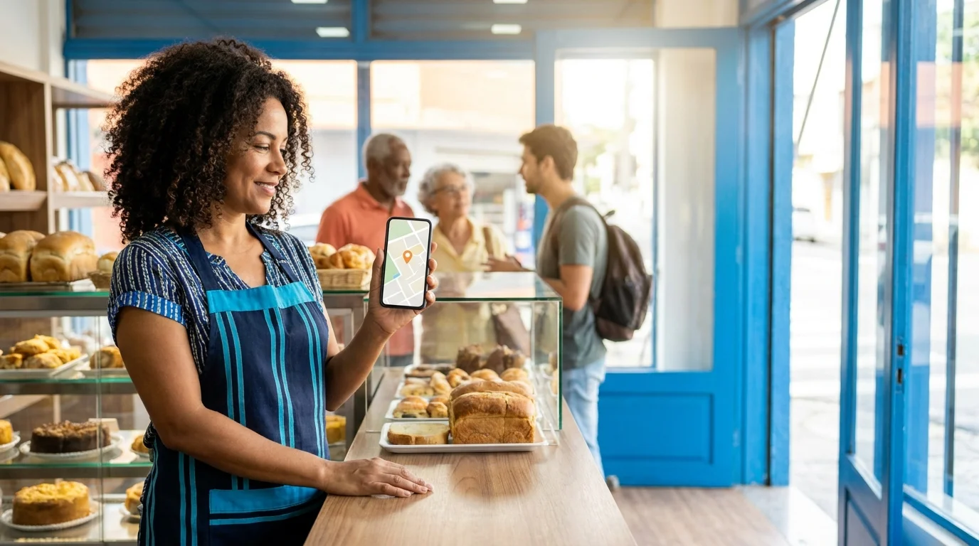 Dona de padaria no balcão da loja segurando celular com um mapa e um marcador de localização na tela