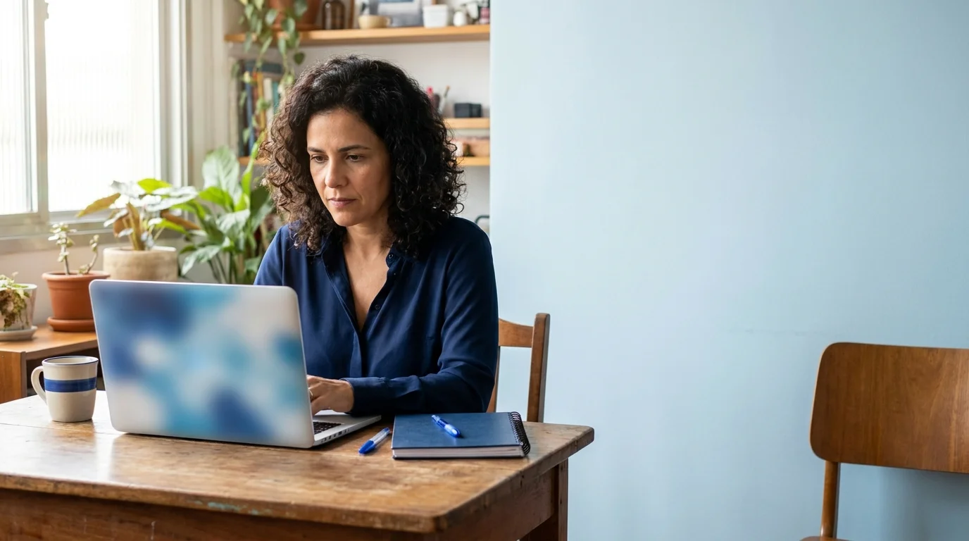 Dona de pequeno negócio compara opções de hospedagem no notebook, com caderno de anotações sobre a mesa