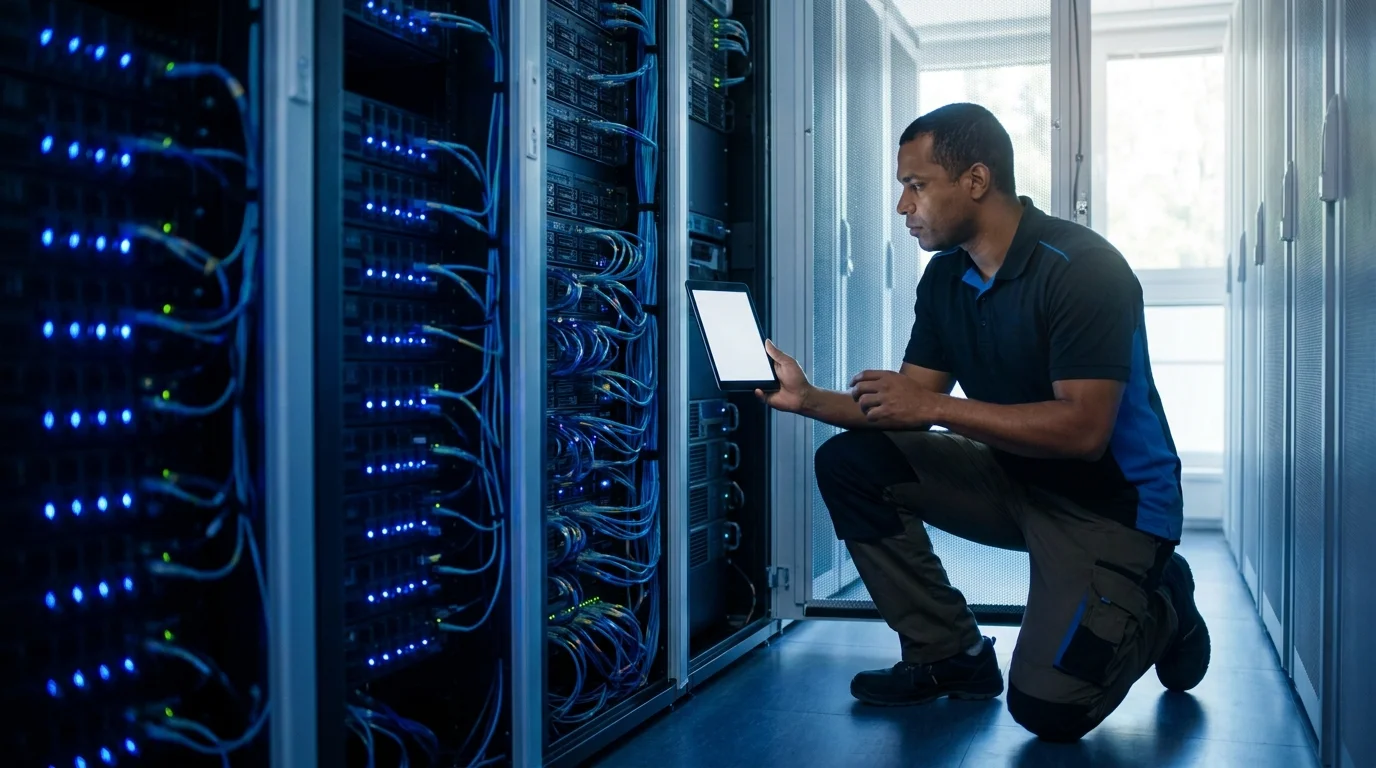 Técnico confere um rack de servidores com tablet em um data center iluminado em tons de azul