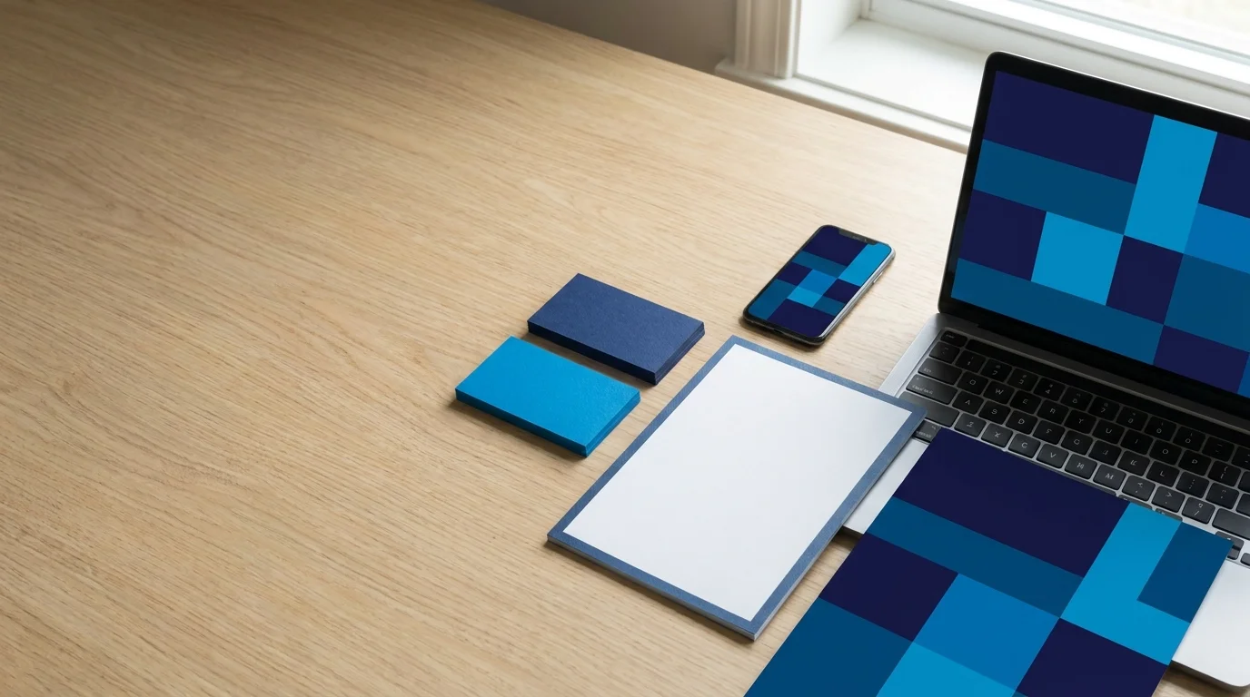 Cartões, papel timbrado, celular e notebook sobre a mesa com as mesmas cores azul-marinho e azul