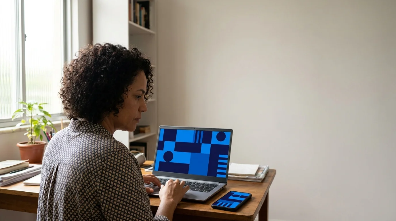 Empreendedora observa no notebook e no celular o layout de uma página única de divulgação em escritório iluminado