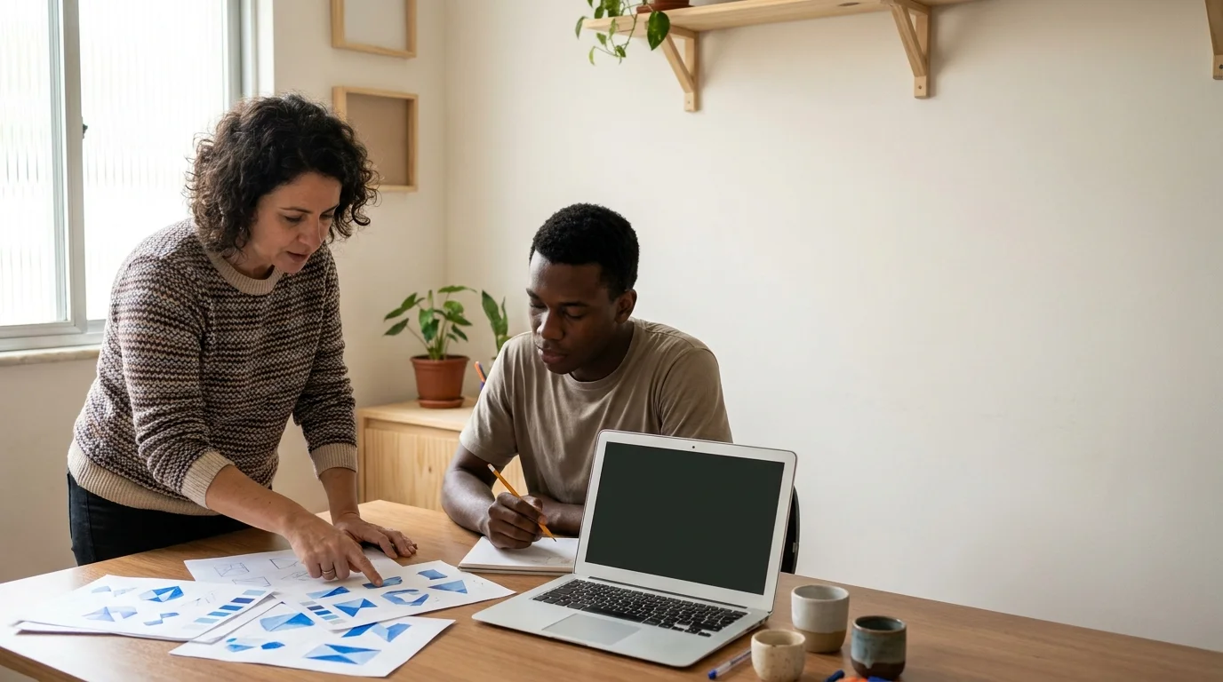 Dona de pequena empresa e designer analisam esboços de formas simples e amostras de cores azuis em uma mesa de escritório
