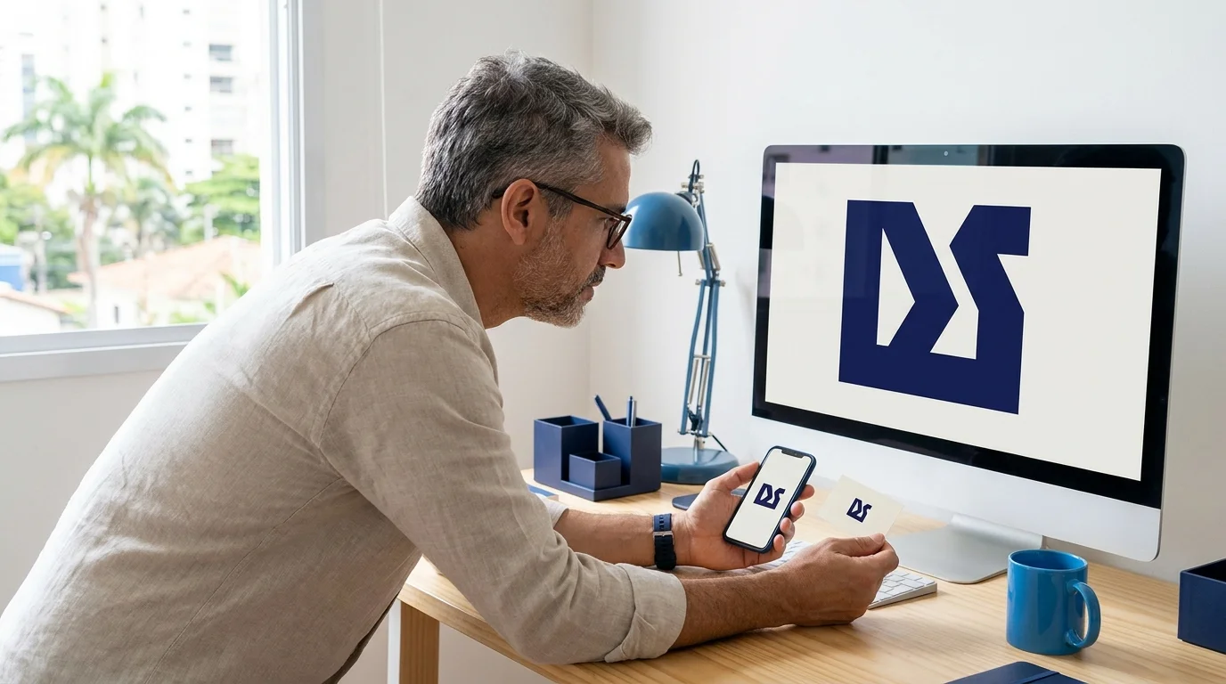 Designer compara um símbolo azul em tamanho grande no monitor e pequeno no celular e em um cartão em branco