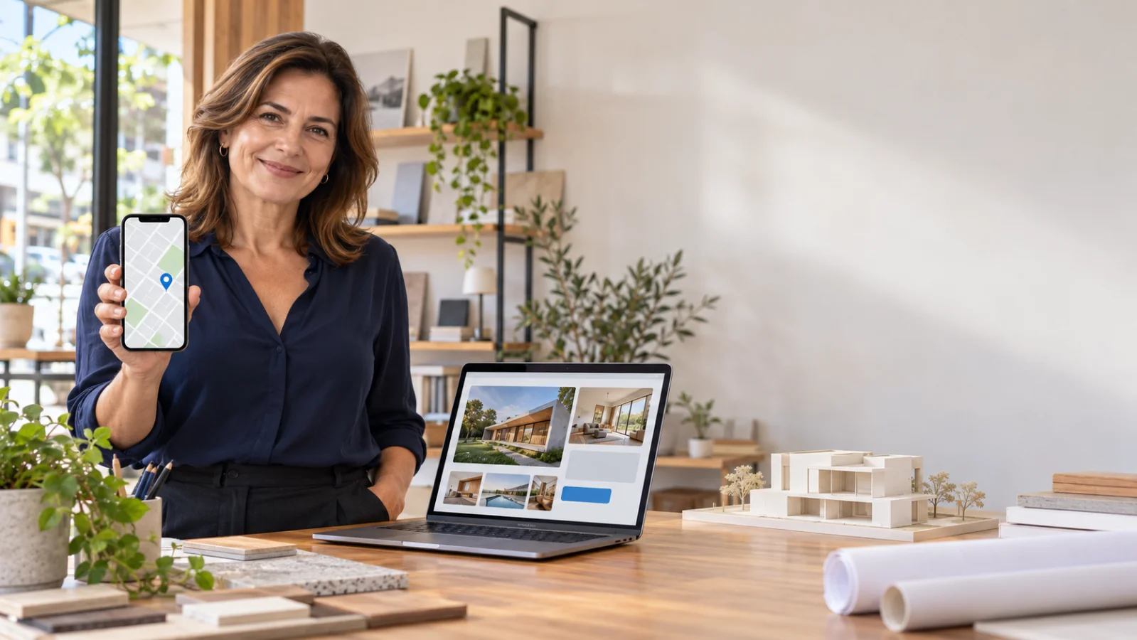 Dona de padaria no balcão segurando o celular com um mapa e um alfinete de localização, ao lado de um notebook com um site aberto