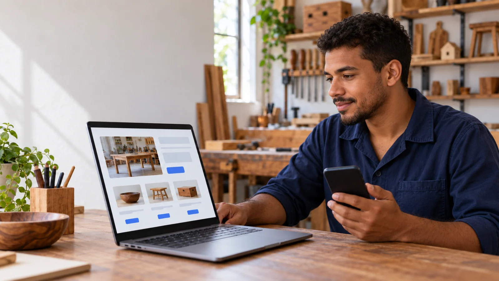 Pequeno empreendedor em seu escritório olha um site de uma página no notebook enquanto segura o celular