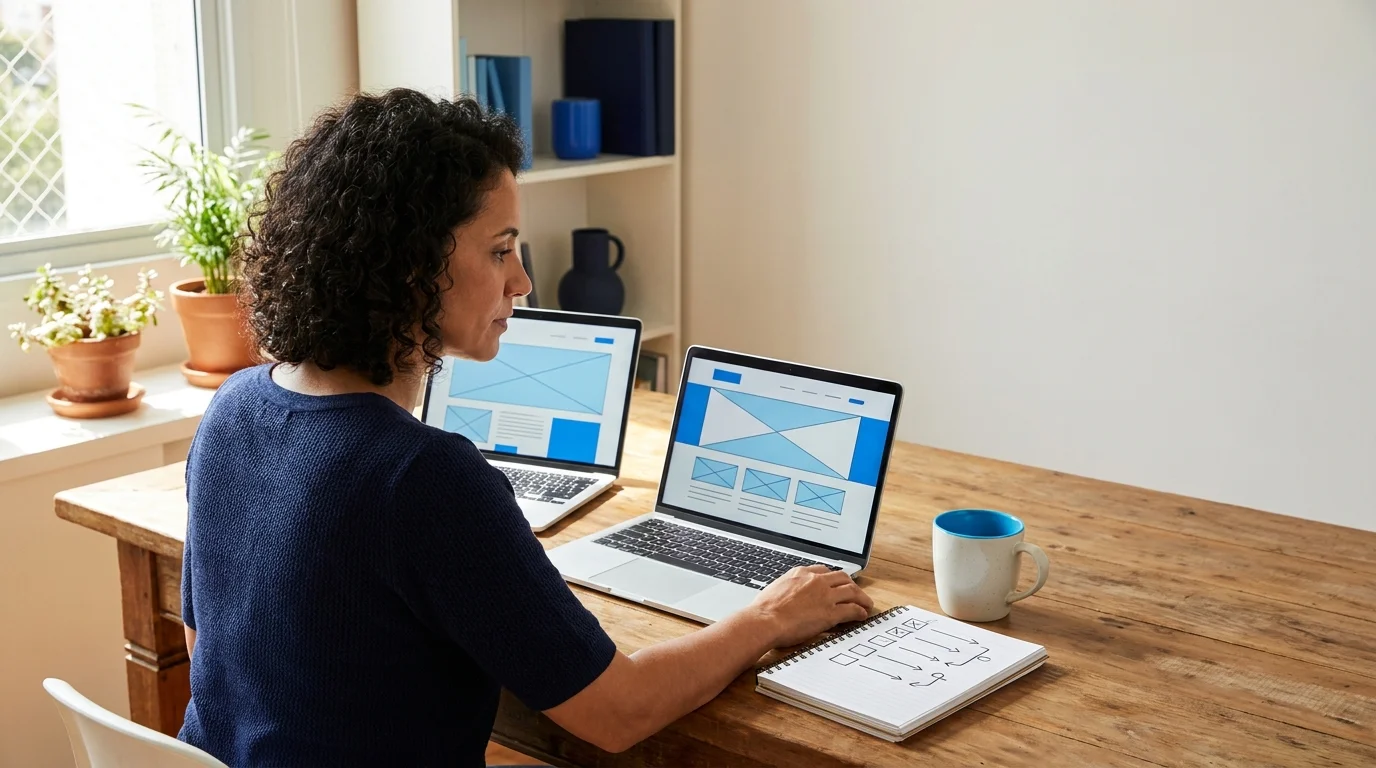 Empreendedora compara dois notebooks com layouts de site lado a lado enquanto planeja a troca de plataforma