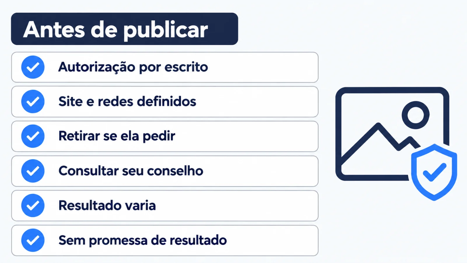 Checklist com seis cuidados antes de publicar antes e depois, da autorização por escrito às normas do conselho