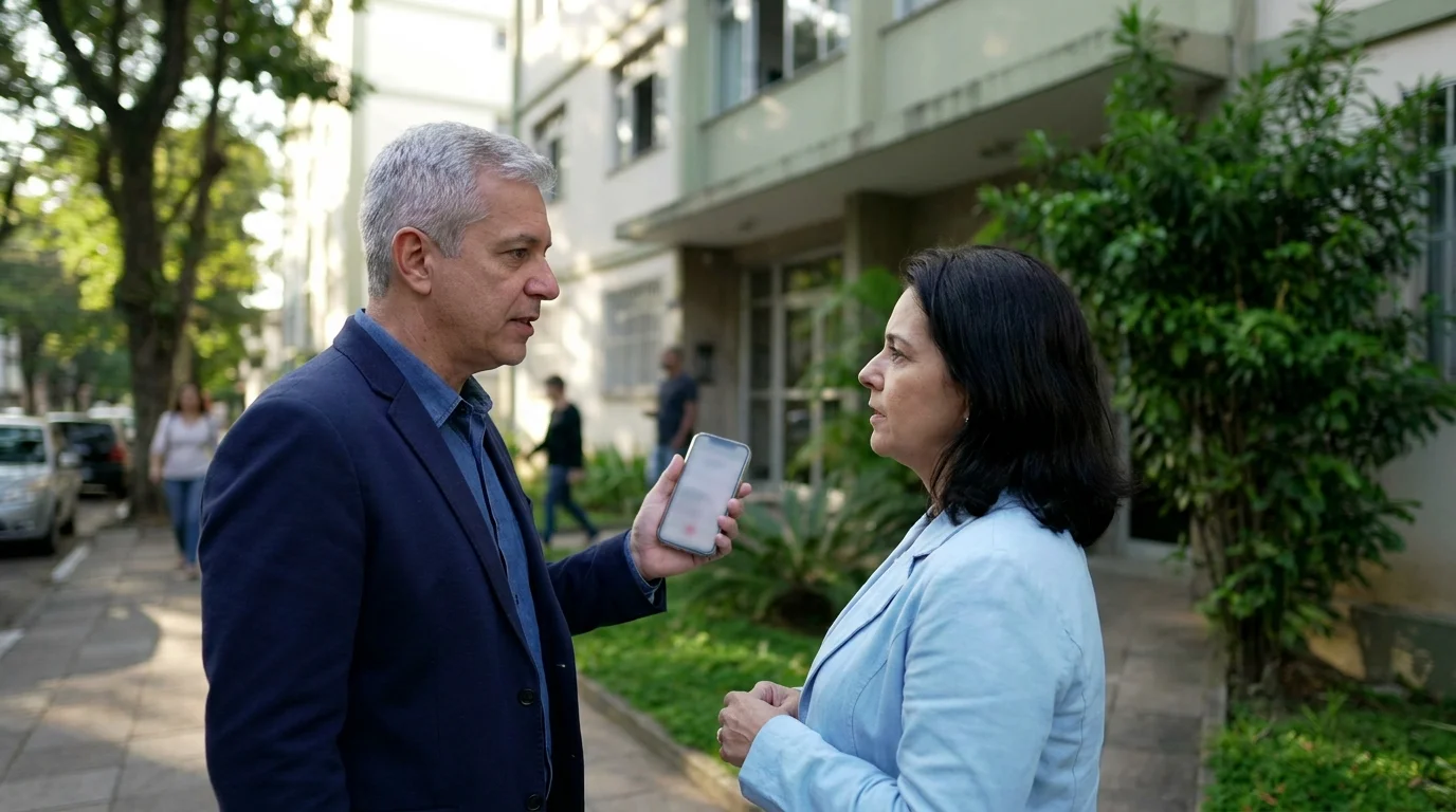 Corretor de imóveis segura o celular em frente a um prédio residencial enquanto conversa com uma cliente