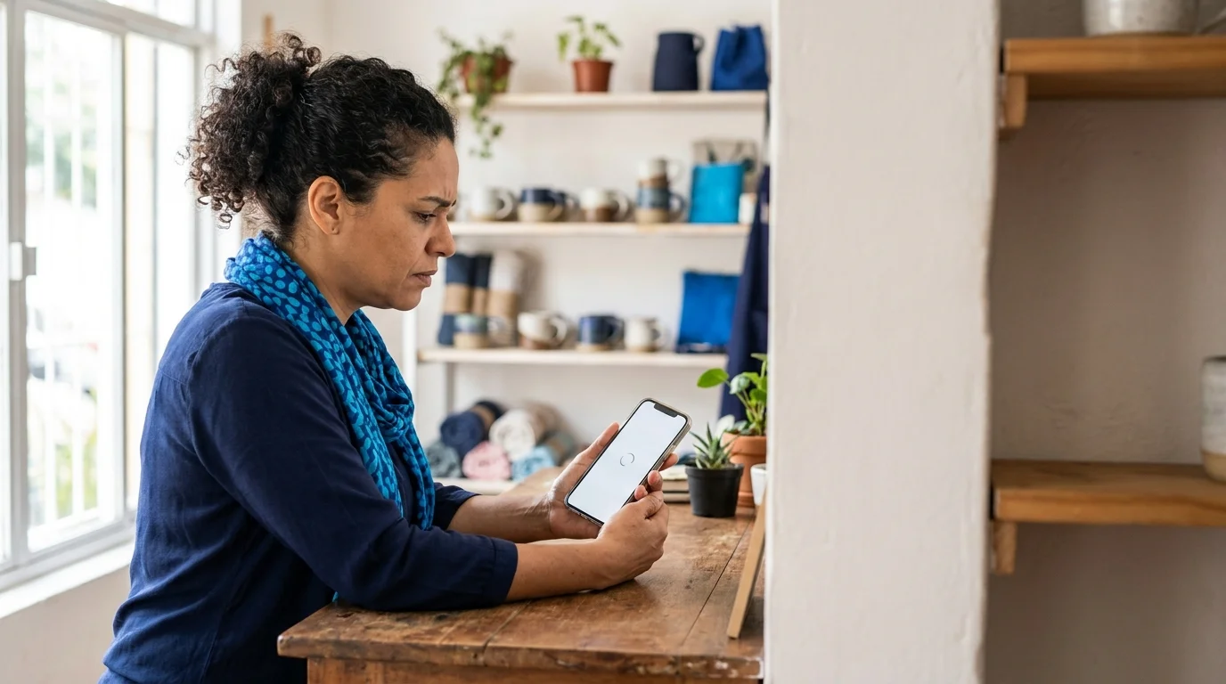 Dona de loja olha o celular com expressão impaciente enquanto uma página demora para carregar