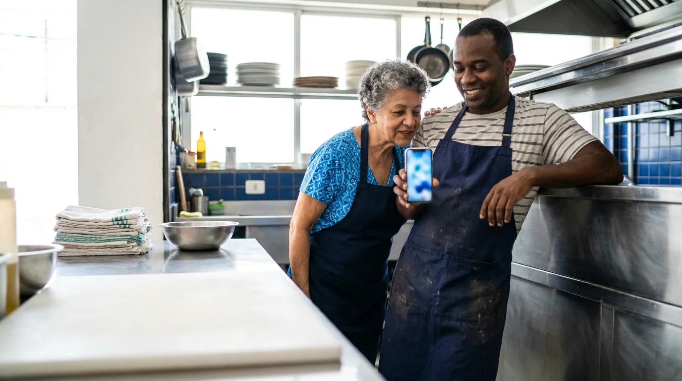 Dono de restaurante testa o site no celular ao lado de uma colega, perto da cozinha