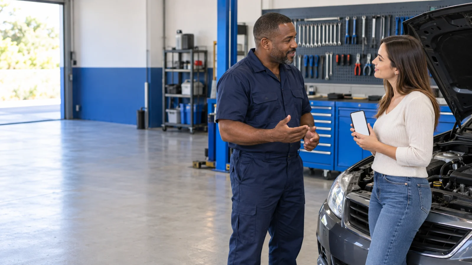 Mecânico de uniforme azul conversa com cliente ao lado de um carro com o capô aberto em oficina organizada