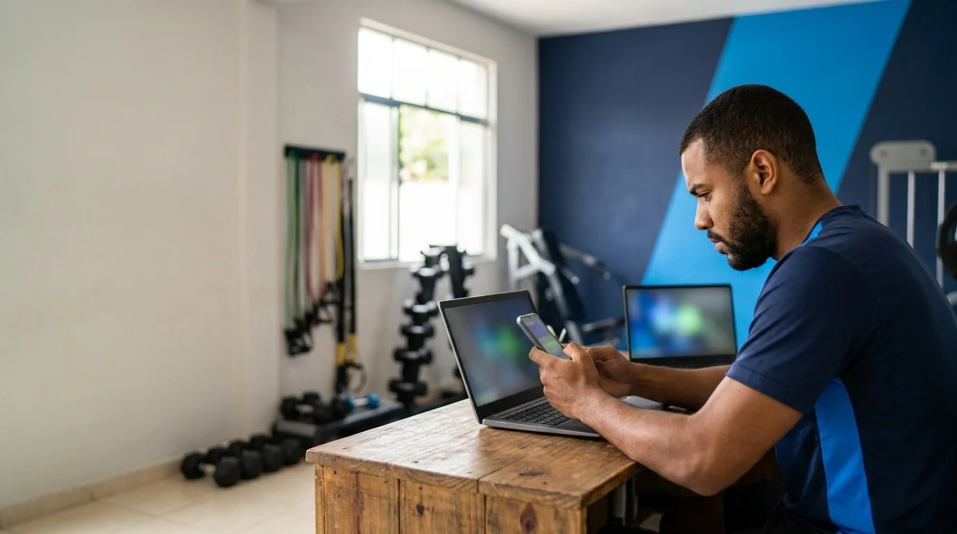 Dono de academia na recepção compara o celular com o notebook enquanto organiza a divulgação do negócio