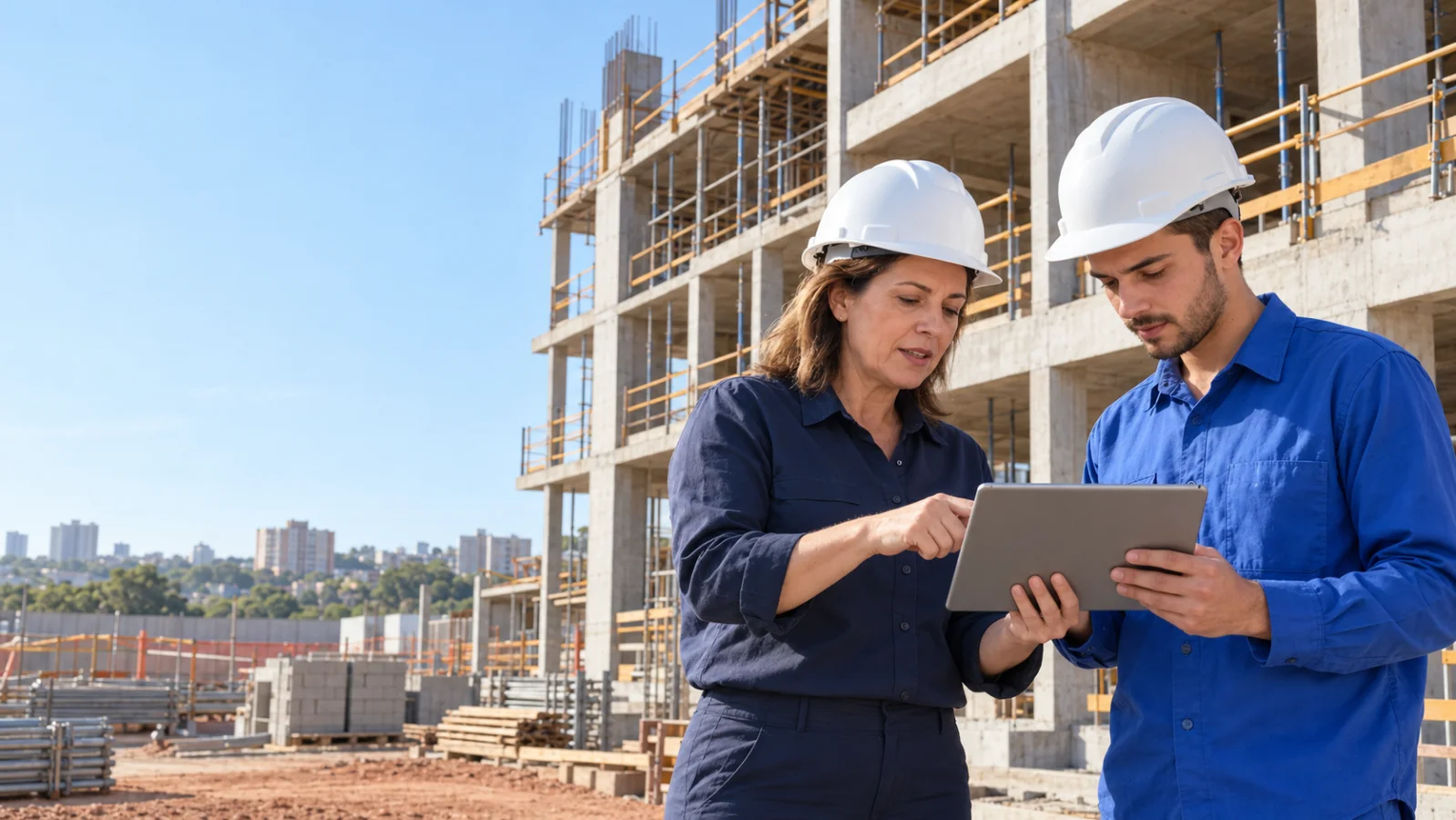 Engenheira e mestre de obras consultam um tablet em canteiro de obras de prédio residencial