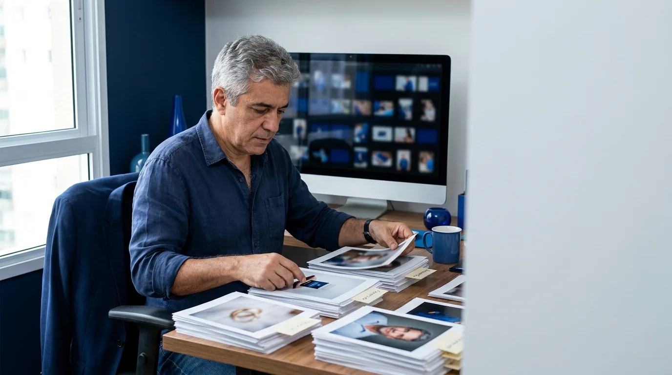 Fotógrafo separa fotos impressas por tipo de trabalho para montar as galerias do portfólio