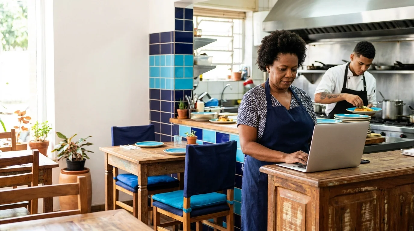 Dona de restaurante consulta o notebook no balcão enquanto um cozinheiro monta um prato ao fundo, com luz natural