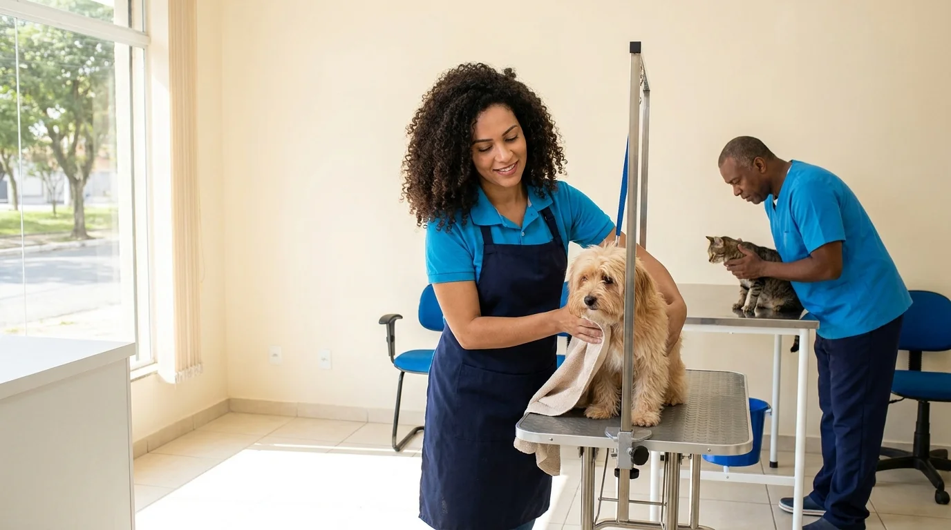 Tosadora seca um cachorro pequeno na mesa de banho enquanto um veterinário examina um gato ao fundo
