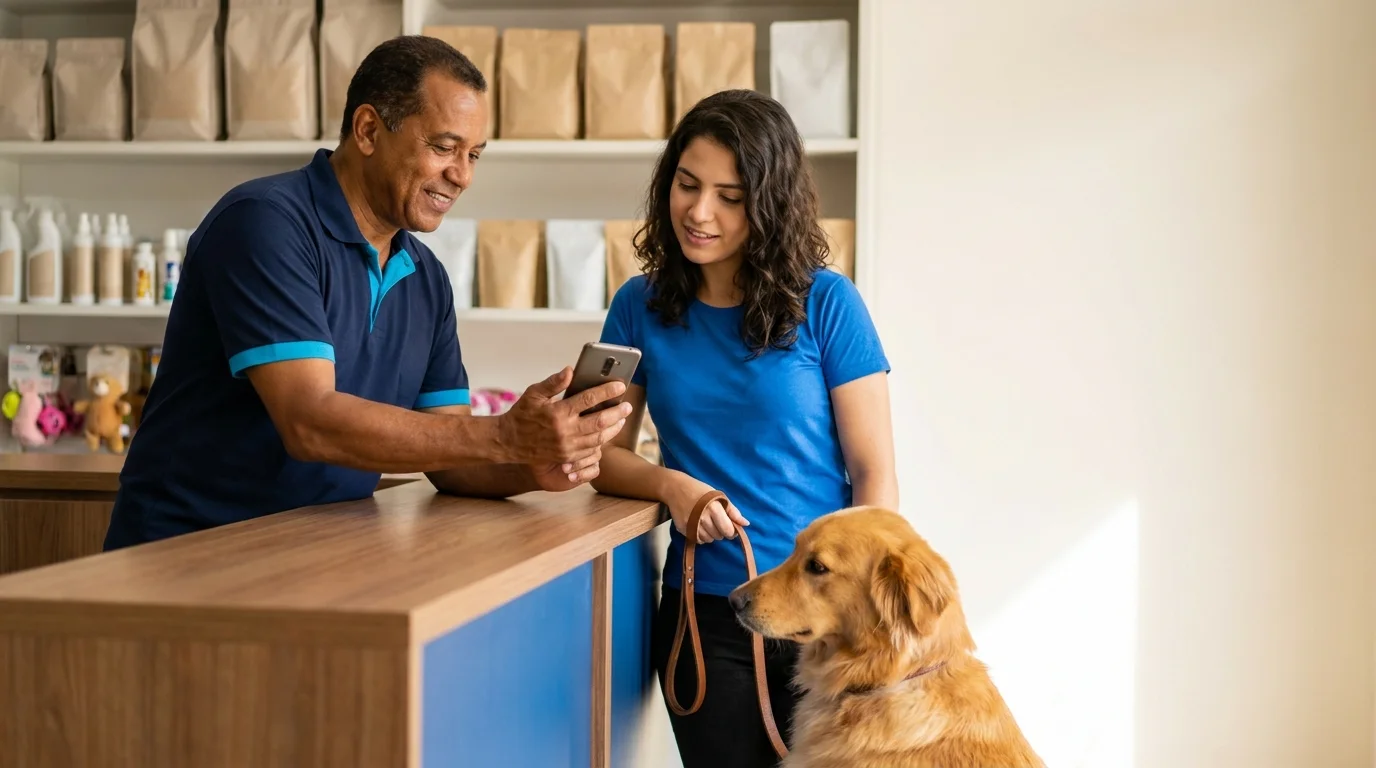 Dono de pet shop mostra o celular a uma tutora com seu cachorro no balcão de atendimento